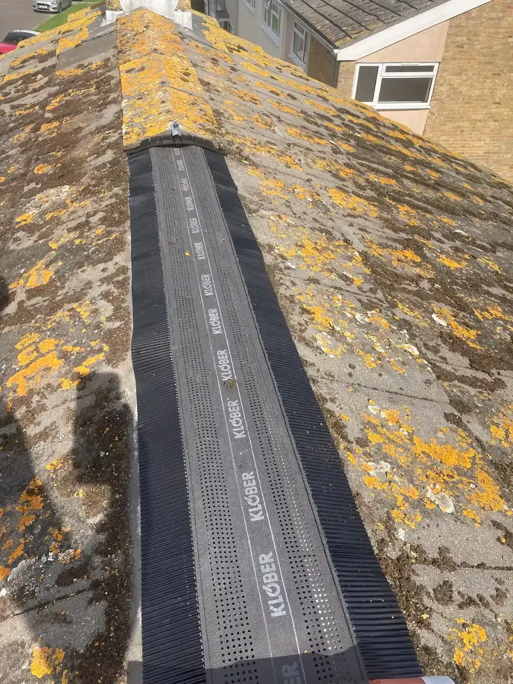Tiled roof with lichen growth and new ridge ventilation system